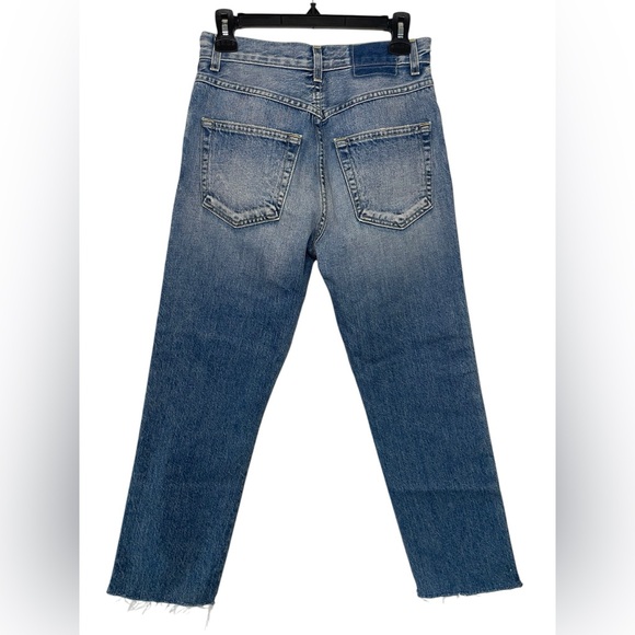 AMO Blue Straight Leg Jeans with Navy Side Stripe Raw Hem 26” - Picture 4 of 10